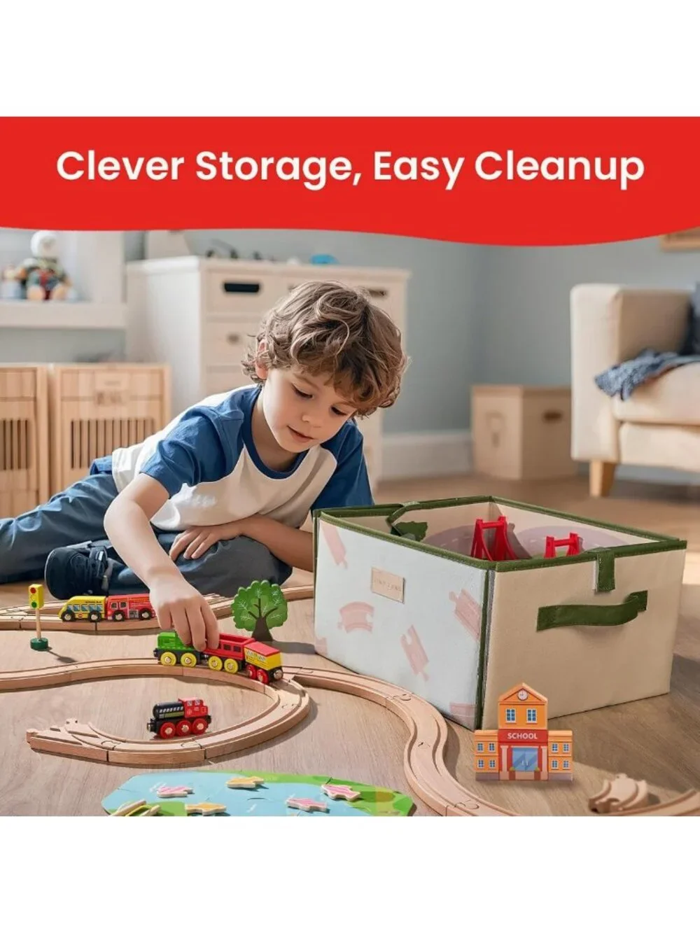 110pcs Wooden Train Set with Folding Storage Box - Educational Toy for Kids